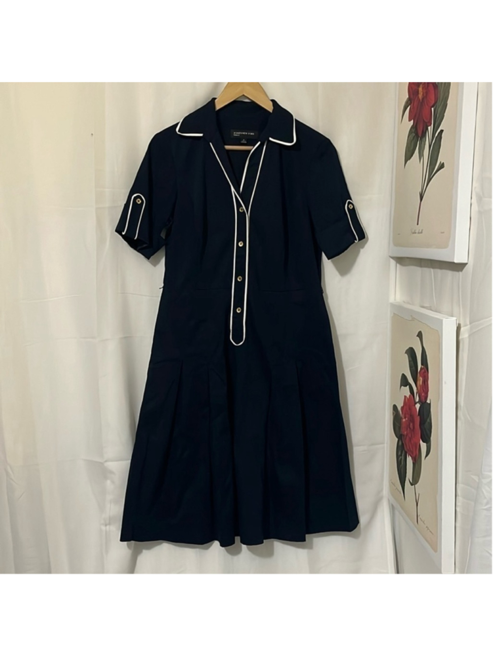 Jones New York Navy Blue Sea Collared Midi Dress with Pleated Skirt a136